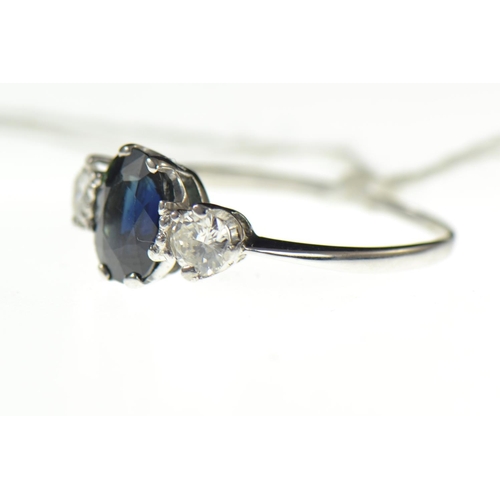 156 - 18ct white gold sapphire and diamond three stone ring. Sapphire; length 8.50mm, width 4.30mm depth 2... 