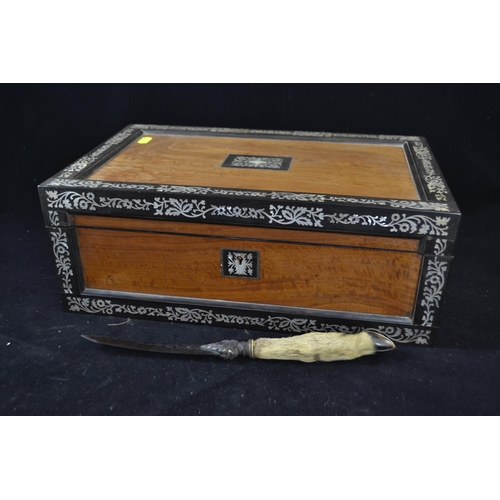 414 - Mother of pearl inlaid writing slope with brass handles, two inkwells, removable tray and blue velve... 