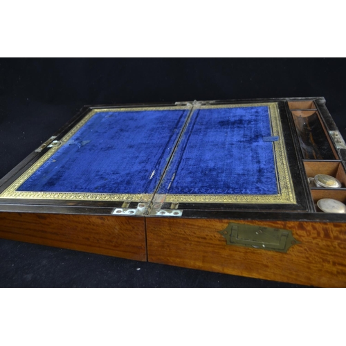 414 - Mother of pearl inlaid writing slope with brass handles, two inkwells, removable tray and blue velve... 