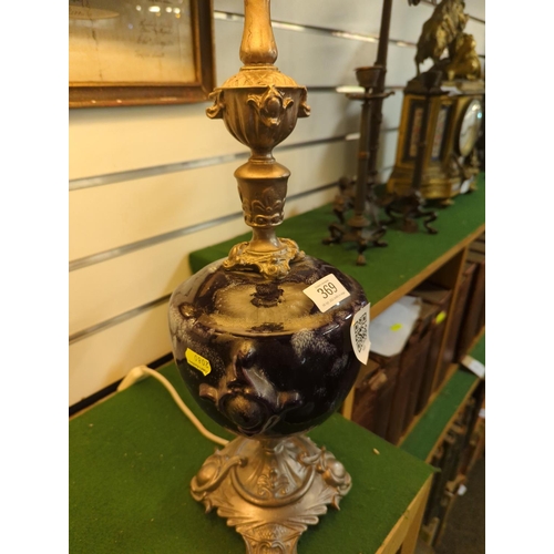 369 - Pair of Victorian style table lamps with blue glazed ceramic detail, overall height 68cm