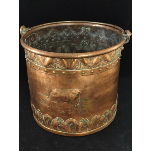 374 - Large copper log bucket, embossed with crest 'Anno 1653', dia 33.5 x H32cm