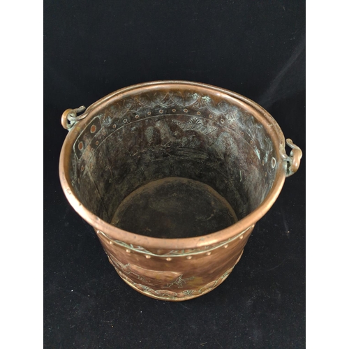 374 - Large copper log bucket, embossed with crest 'Anno 1653', dia 33.5 x H32cm