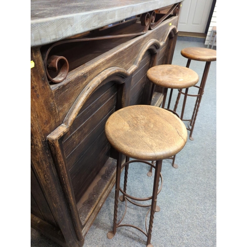 446 - Slate topped rustic bar with slate top, shelf wall unit behind, & 3 bar stools,