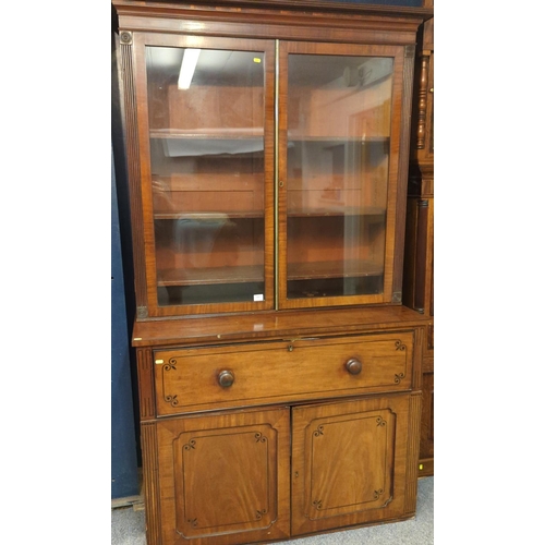 447 - Victorian mahogany fronted, secretaire bookcase with glazed top and ebonised detail. 114cm x 56cm x ... 