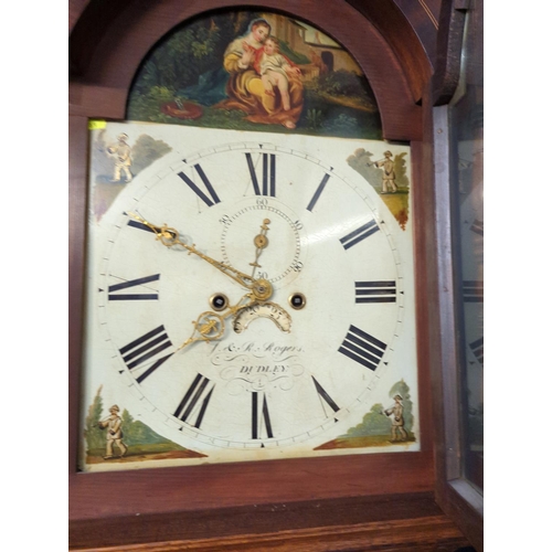 448 - J & R Rogers Dudley, grandfather clock with hand painted face and inlaid case. 2m30cm high