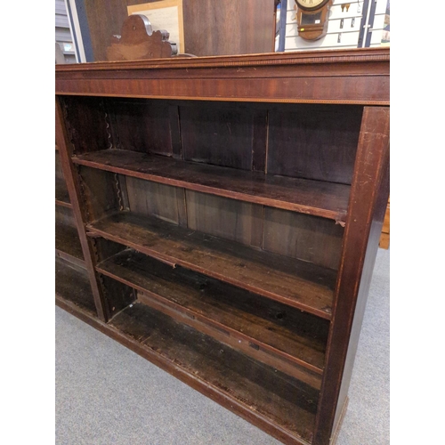 452 - Late Victorian inlaid mahogany library bookcase with 6 adjustable shelves, length 258cms, depth 35cm... 