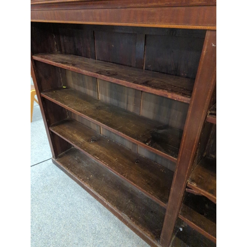 452 - Late Victorian inlaid mahogany library bookcase with 6 adjustable shelves, length 258cms, depth 35cm... 