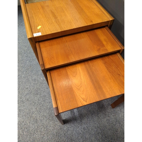 478 - Nest of three McIntosh teak tables with canvas magazine storage, largest table W50 x D50 x H45.5cm