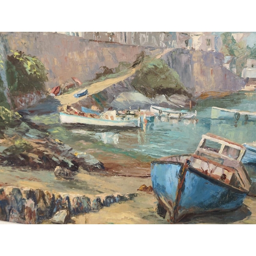 513 - Nancy Bailey (1913-2012) Oil on board. 'Newlyn Old Harbour'. 87cm x 52cm overall