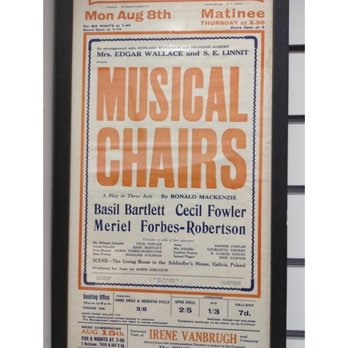 520 - Two 1930's Plymouth Theatre Royal posters; Musical Chairs and The White Horse Inn, framed 32 x 60cm