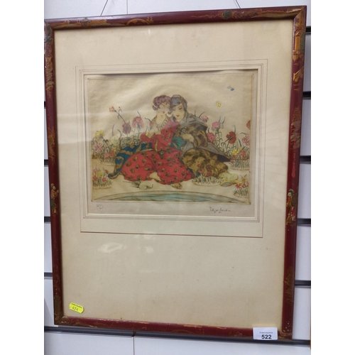 522 - Elyse Ashe Lord (1900-1971) Signed ltd. edition 41/75. Hand coloured dry point etching. In chinoiser... 