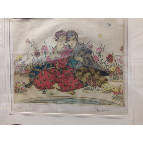 522 - Elyse Ashe Lord (1900-1971) Signed ltd. edition 41/75. Hand coloured dry point etching. In chinoiser... 