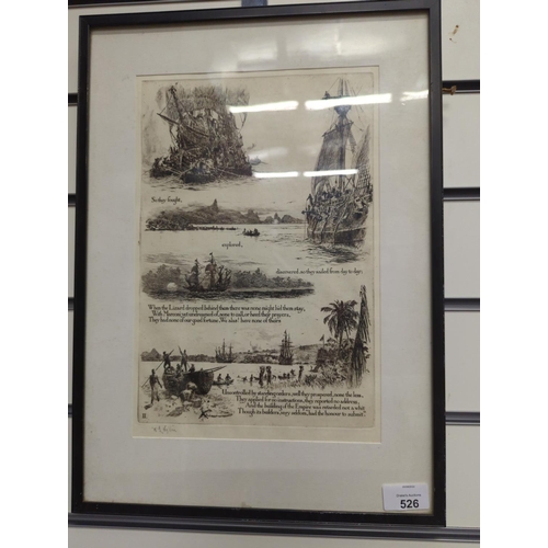 526 - W L Wyllie, RA, (1851-1931) English School, signed dry point etching of scripted nautical scene. 33c... 