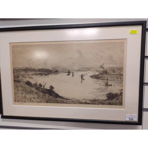 529 - W L Wyllie, RA, (1851-1931) English School, signed print of a dry point etching of an estuary. 57cm ... 