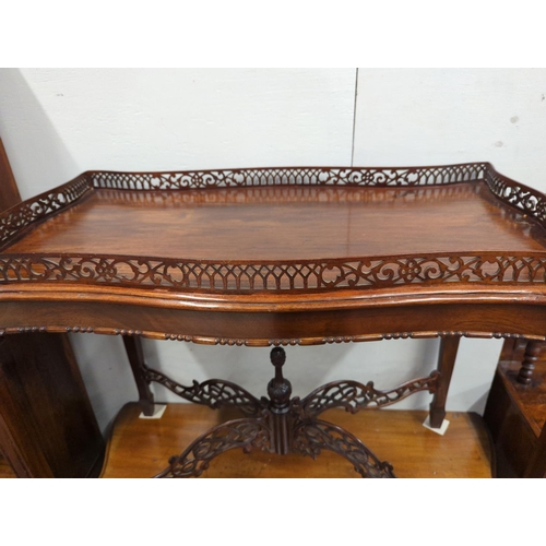 456 - Galleried side table with ornate fretwork stretchers, 85 x 47cms x ht72cms to top of gallery