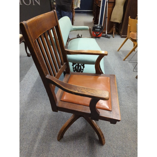 461 - Vintage wooden swivel, adjustable height office chair, seat ht 49 cms, full ht 101cms.