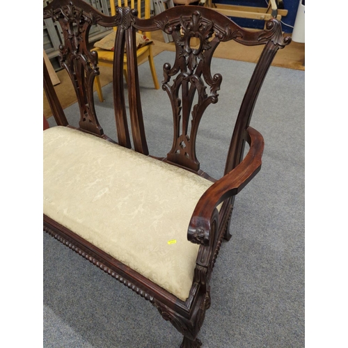 462 - Edwardian style 2 seater salon sofa with ball & claw feetand fretwork back, length 116cms