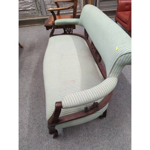 463 - Edwardian salon sofa in green striped upholstery, length 139 cms