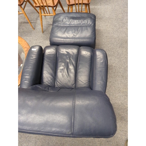 472 - Navy blue leather 'Stressless' recliner with footstool