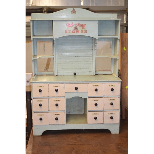 302 - Tri-Ang wooden stores display with thirteen drawers with produce labels, shelf unit with glazing and... 