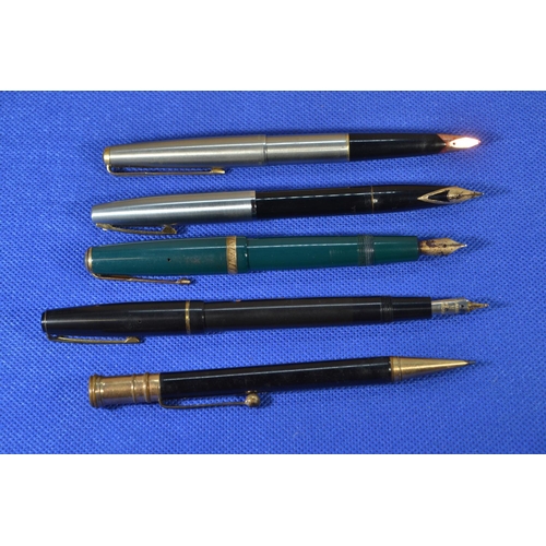 321 - Four fountain pens, including two Parkers with 14ct gold nib (one with cover AF), Sheaffer with 14ct... 