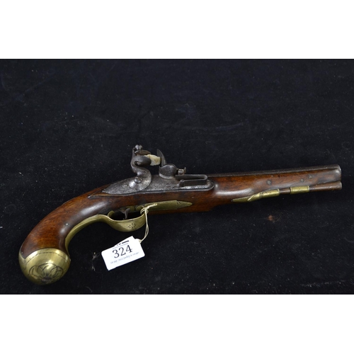 324 - 16-bore Flintlock pistol, inscribed ANNELY with engraved brass furniture, poss. circa 1770, overall ... 