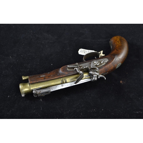 327 - 24-bore flintlock bayonet Blunderbuss type coaching pistol with top sprung bayonet, overall length 2... 