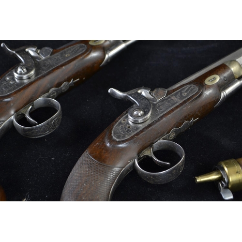 332 - Pair of coaching type pistols, percussion cap, pepperbox butts marked Smith. In custom made case. Vi... 