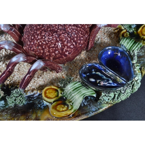 343 - Palissy style dish, applied with a crab, shellfish & weeds, unmarked, diameter 33cm