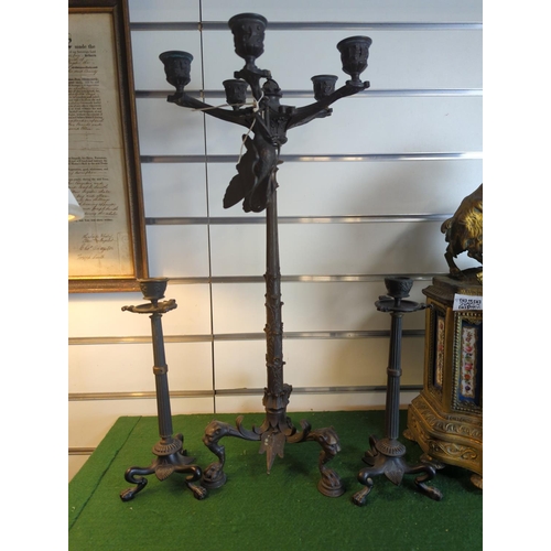 370 - Three decorative bronzed candlesticks, largest with crane standing on tortoise detail finial (detach... 