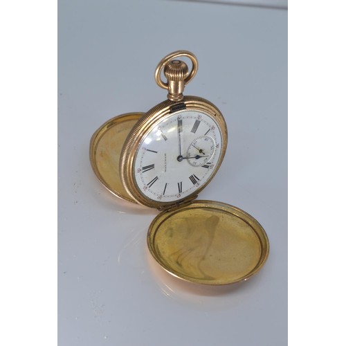 236 - Gold plated full hunter pocket watch with subsidiary seconds by Waltham, with Keystone case, case di... 