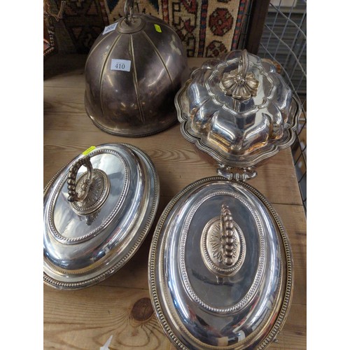 410 - Three silver plated tureens and an Indian silver plated cloche