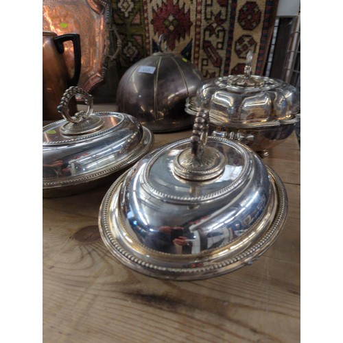 410 - Three silver plated tureens and an Indian silver plated cloche