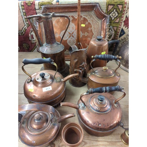 411 - 4 copper kettles, copper jug, copper coffee pot, Eastern copper water bottle, copper tray, four copp... 