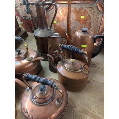 411 - 4 copper kettles, copper jug, copper coffee pot, Eastern copper water bottle, copper tray, four copp... 