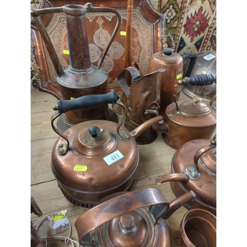 411 - 4 copper kettles, copper jug, copper coffee pot, Eastern copper water bottle, copper tray, four copp... 