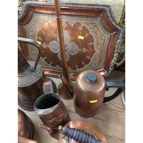 411 - 4 copper kettles, copper jug, copper coffee pot, Eastern copper water bottle, copper tray, four copp... 