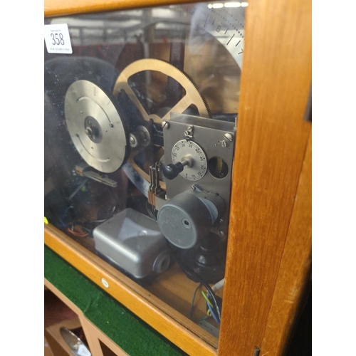 358 - Gent of Leicester school bell alarm timing mechanism within a glazed wooden case, W45 x D23 x H40cm