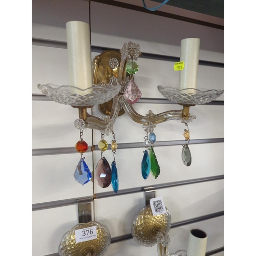 376 - Marie Therese style wall lights, 1 double & 2 single, with candle bulb holders and coloured glas... 