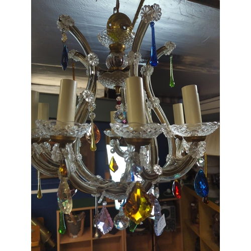 377 - Marie Therese style chandelier, recently refurbished, with 10 candle bulb holders and coloured glass... 