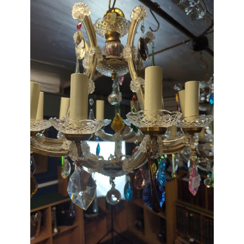 378 - Marie Therese style chandelier, recently refurbished, with 10 candle bulb holders and coloured glass... 