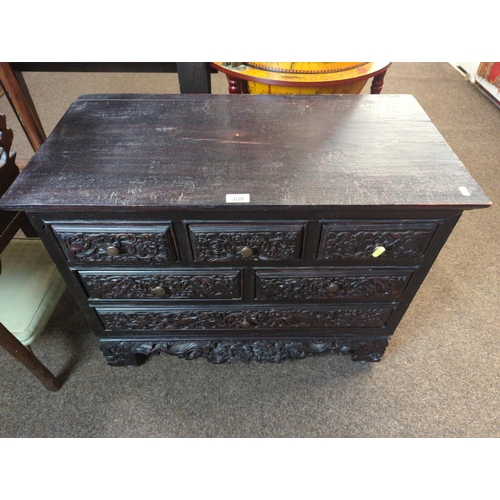 409 - Dark wood 3 over 2 over 1 chest of drawers , drawer fronts and side panels heavily carved; 79 x 41.5... 