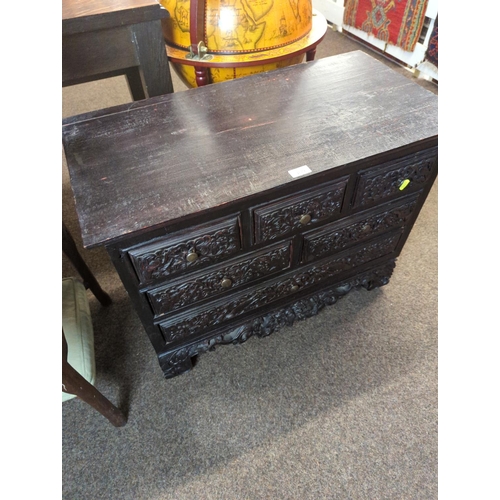 409 - Dark wood 3 over 2 over 1 chest of drawers , drawer fronts and side panels heavily carved; 79 x 41.5... 