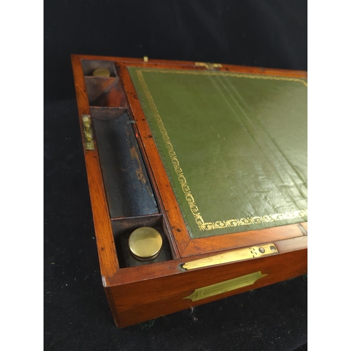 415 - Writing slope . Green leather base and brass handles.