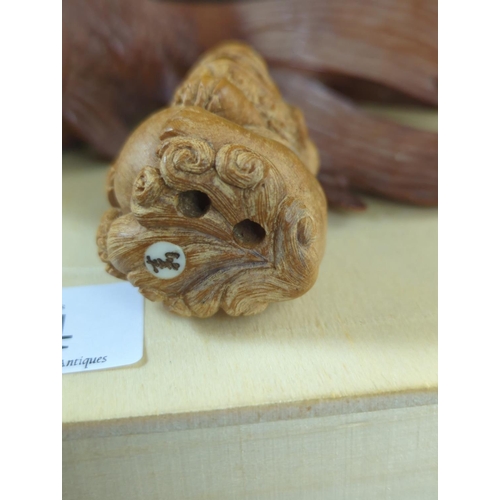 424 - 3 netsuke (all signed) & carved goldfish 15cm long.