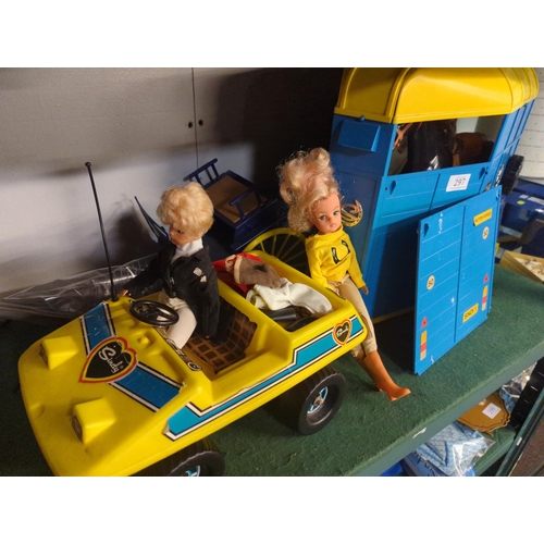 297 - Two Sindy dolls with horse box, jeep and trap plus horse & accessories