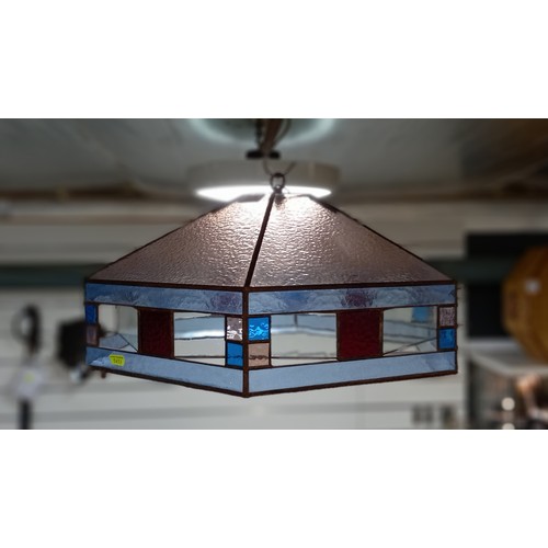 379 - Leaded glazed Art Deco hexagonal form lampshade, dia.46cm