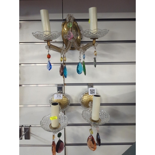 572 - Marie Therese style wall lights, 1 double & 2 single, with candle bulb holders and coloured glas... 