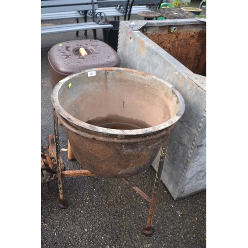 177 - Large cast iron cauldron / wash tub on stand. D51cm H63cm 