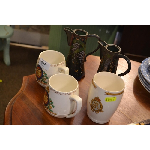 584 - Three coronation mugs (George V and George VI) together with a pair of cloisonné wisteria pattern ju... 